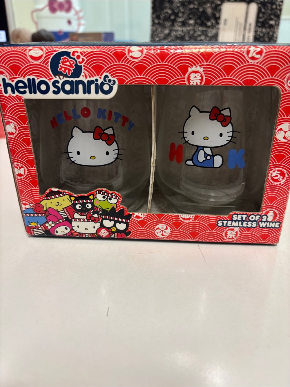 Sanrio Hello Kitty Stemless wine Glasses Set - Red, Blue, White